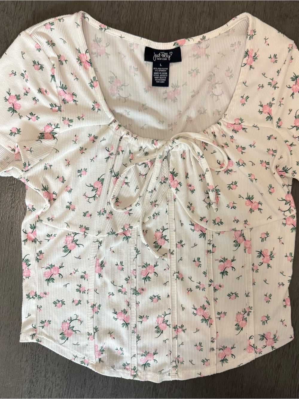 JustPolly Cream Floral Tie-Front Ribbed Crop Top with Pink Roses
